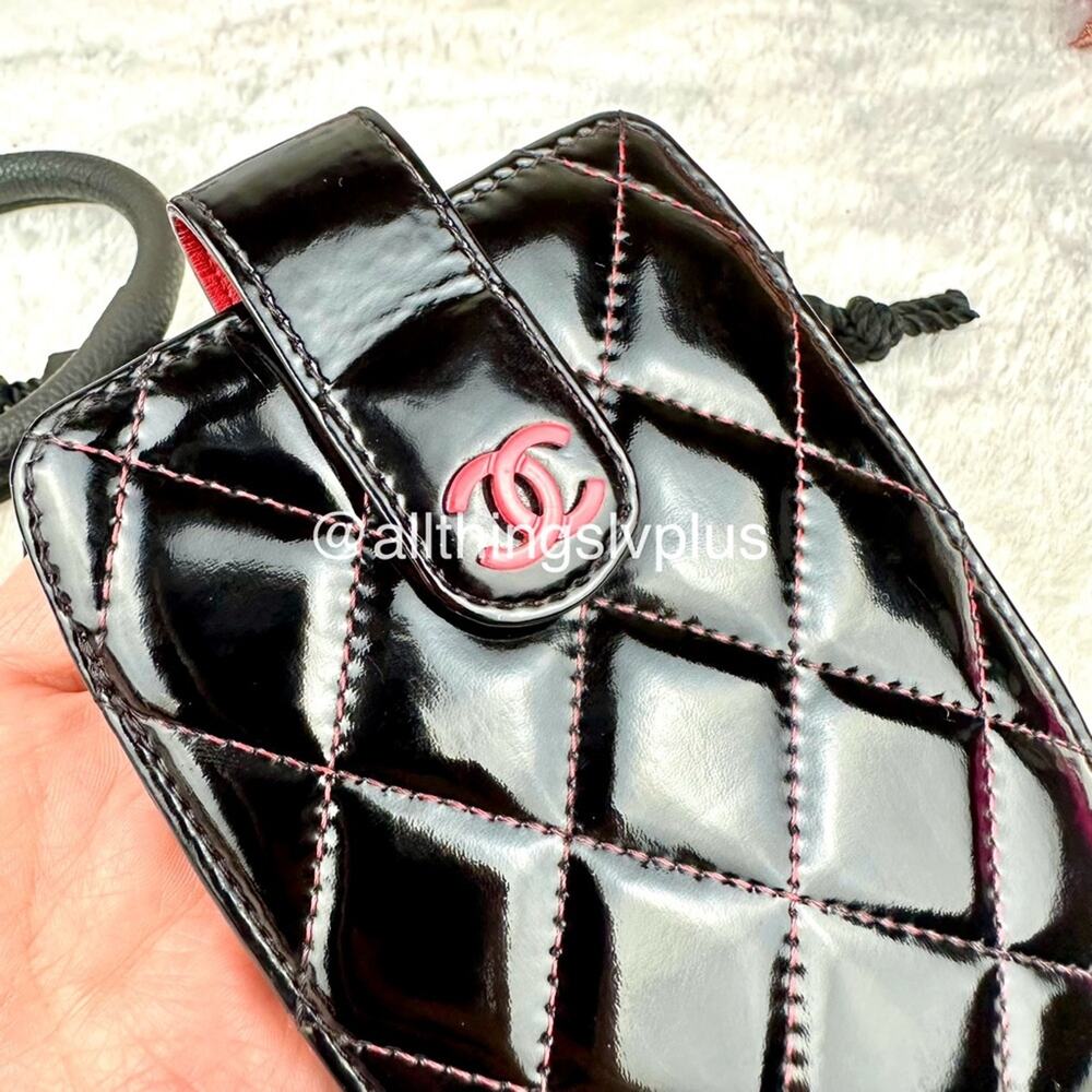CHANEL card case, ID holder lanyard wristlet in black patent leather. Great GIFT